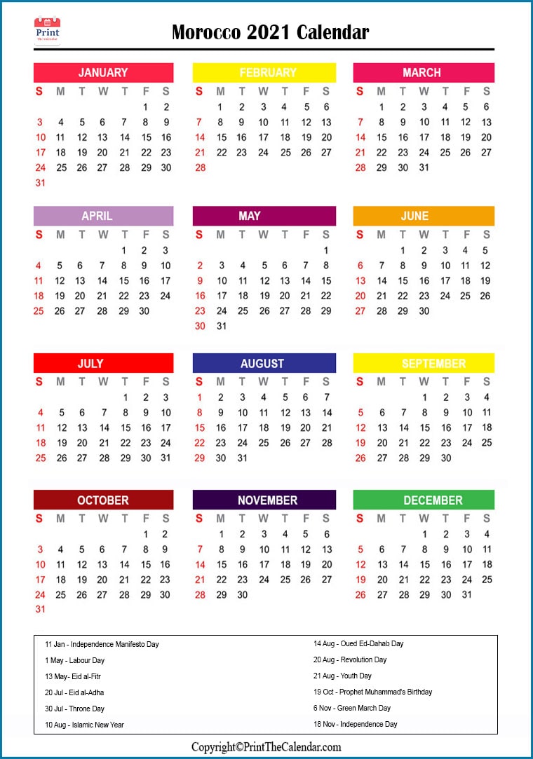 Morocco Printable Calendar 2021